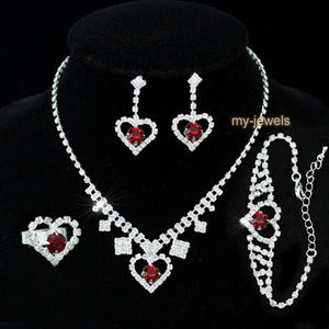 Dark Red Crystal Heart Necklace Bracelet Ring Earrings Set XS1032-0