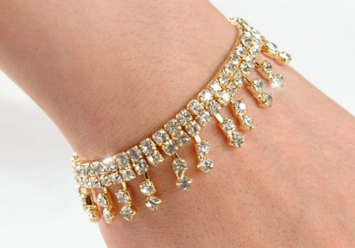 Stretch Bridal Wedding Crystal Gold Dangling Bracelet XB005-0
