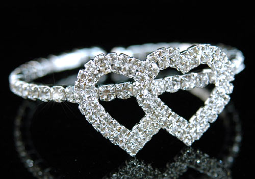 Bridal Double Hearts Rhinestone Bangle Bracelet XB017-0