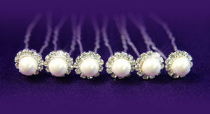 6 Bridal Faux Pearl & Clear Rhinestone Hair Pins XP1045-0