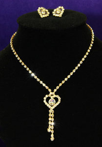 Heart Crystal Rhinestone Gold Necklace Earrings Set XS1045-0