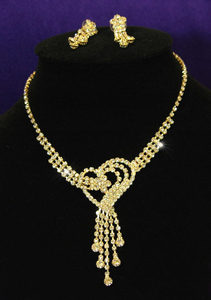 Heart Crystal Rhinestone Gold Necklace Earrings Set XS1051-0