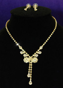Bow Clear Rhinestone Gold Necklace Earrings Set XS1053-0