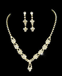 Bridal Rhinestone Gold Plated Necklace Earrings Set XS1091-0