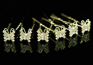 6 X Bridal Wedding Rhinestone Gold Butterfly Hair Pins XP1092-0