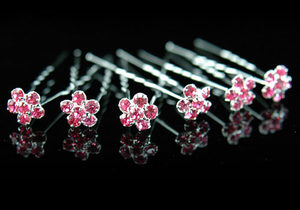 6 Bridal Pink Flower Crystal Rhinestone Hair Pins XP1102-0