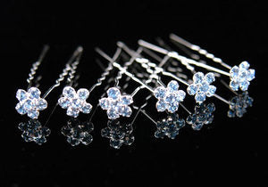 6 Bridal Blue Flower Crystal Rhinestone Hair Pins XP1103-0
