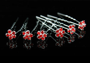 6 Bridal Red Flower Crystal Rhinestone Hair Pins XP1105-0