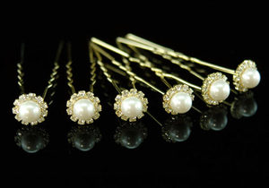 6 Bridal Rhinestone Faux Pearl Gold Plated Hair Pins XP1106-0