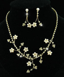 Flower Faux Pearl Crystal Gold Necklace Earrings Set XS1125-0