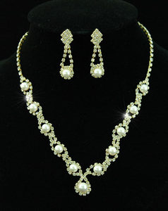Faux Pearl Crystal Gold Plate Necklace Earrings Set XS1136-0