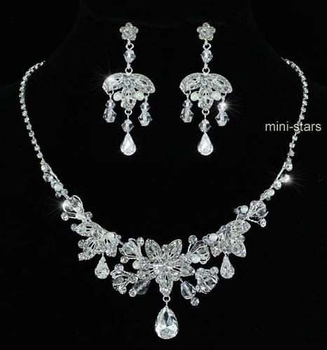 Bridal Wedding Prom Handmade Crystal Silver Plated Necklace Earrings Set XS1212-0