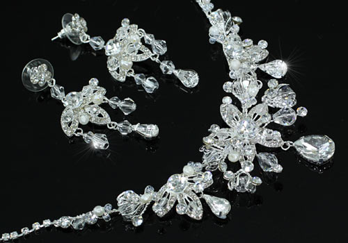 Bridal Wedding Prom Handmade Crystal Silver Plated Necklace Earrings Set XS1212-3