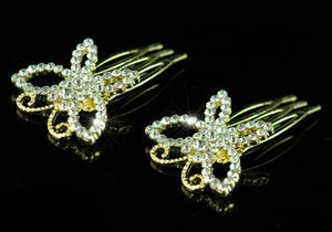2 X Butterfly Clear Rhinestone Gold Plated Combs XT1224-0