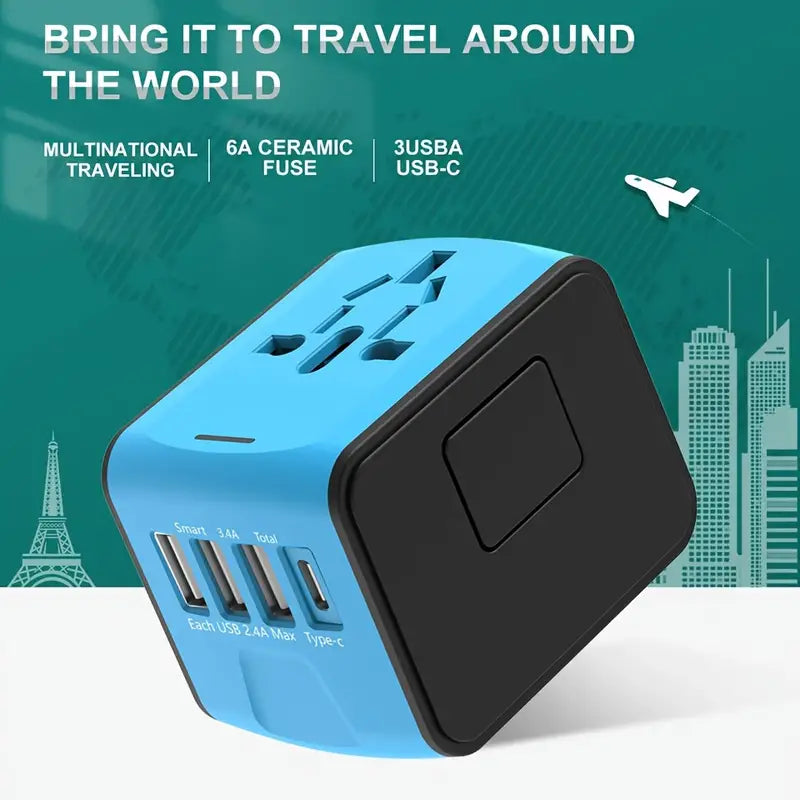 Universal Travel Adapter with 4 USB Ports and Type-C Port - Blue-1