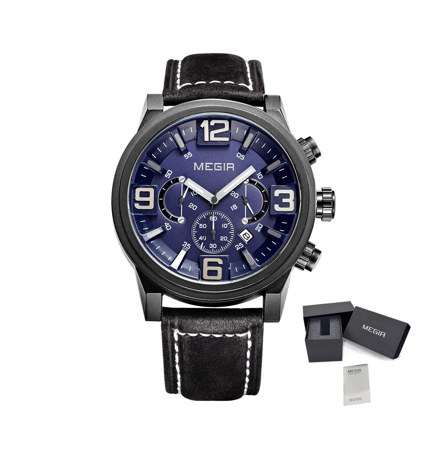 MEGIR Luxury Men's Watch Fashion Simple Casual Sports Watches for Mens Leather Strap Waterproof Quartz Chronograph Clock 3010-19