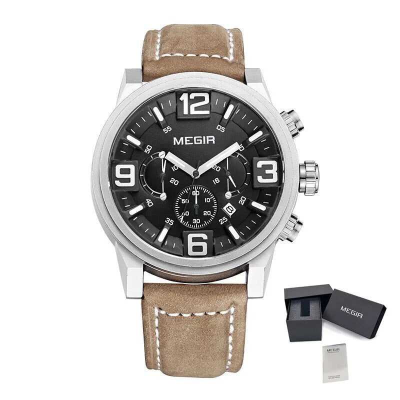 MEGIR Luxury Men's Watch Fashion Simple Casual Sports Watches for Mens Leather Strap Waterproof Quartz Chronograph Clock 3010-17