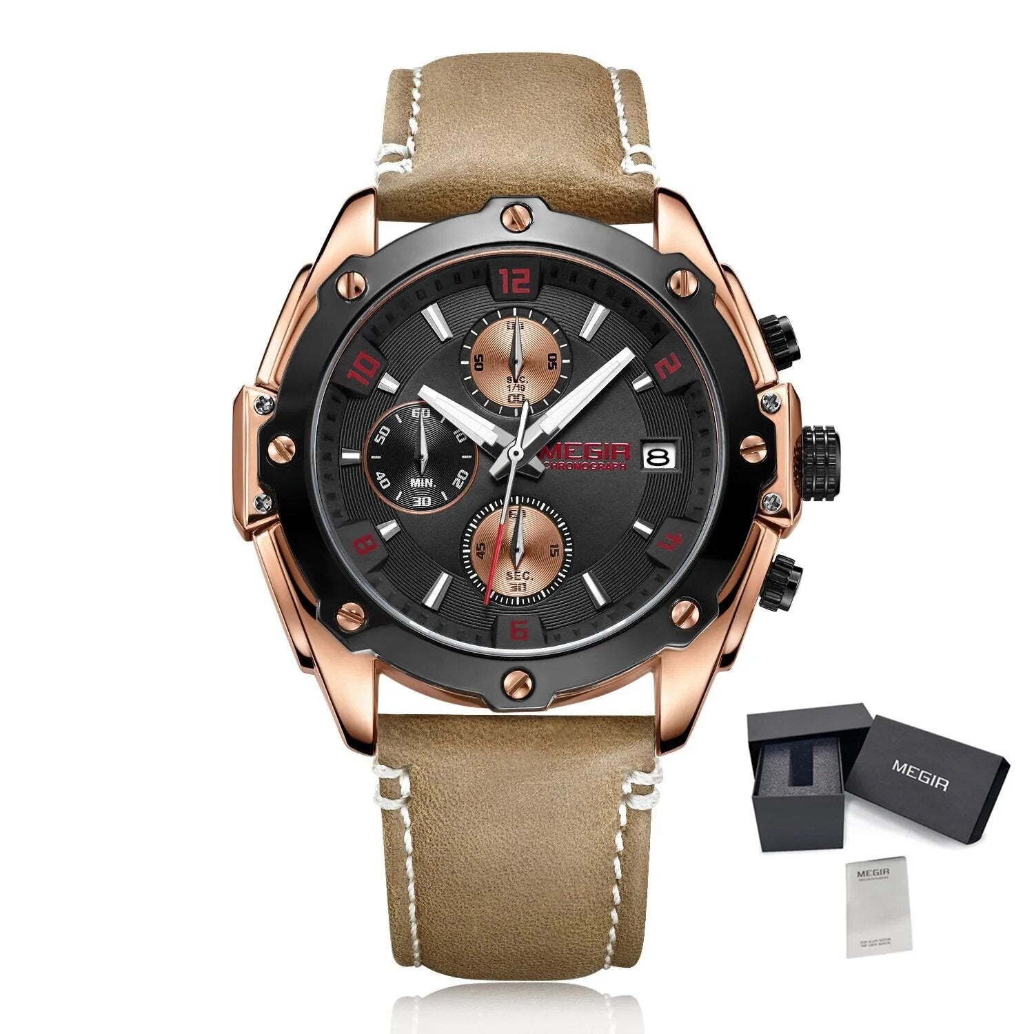 MEGIR Chronograph Men Watch Relogio Masculino Leather Strap Business Quartz Watch Clock Waterproof Date Army Military Wristwatch-14