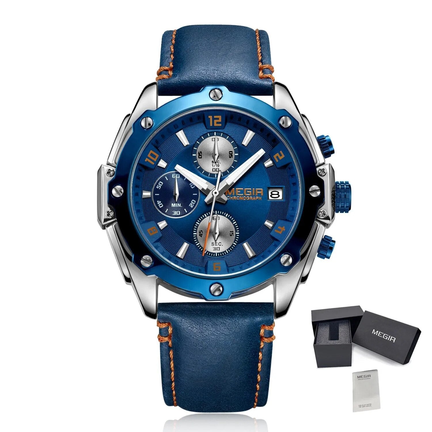 MEGIR Chronograph Men Watch Relogio Masculino Leather Strap Business Quartz Watch Clock Waterproof Date Army Military Wristwatch-16