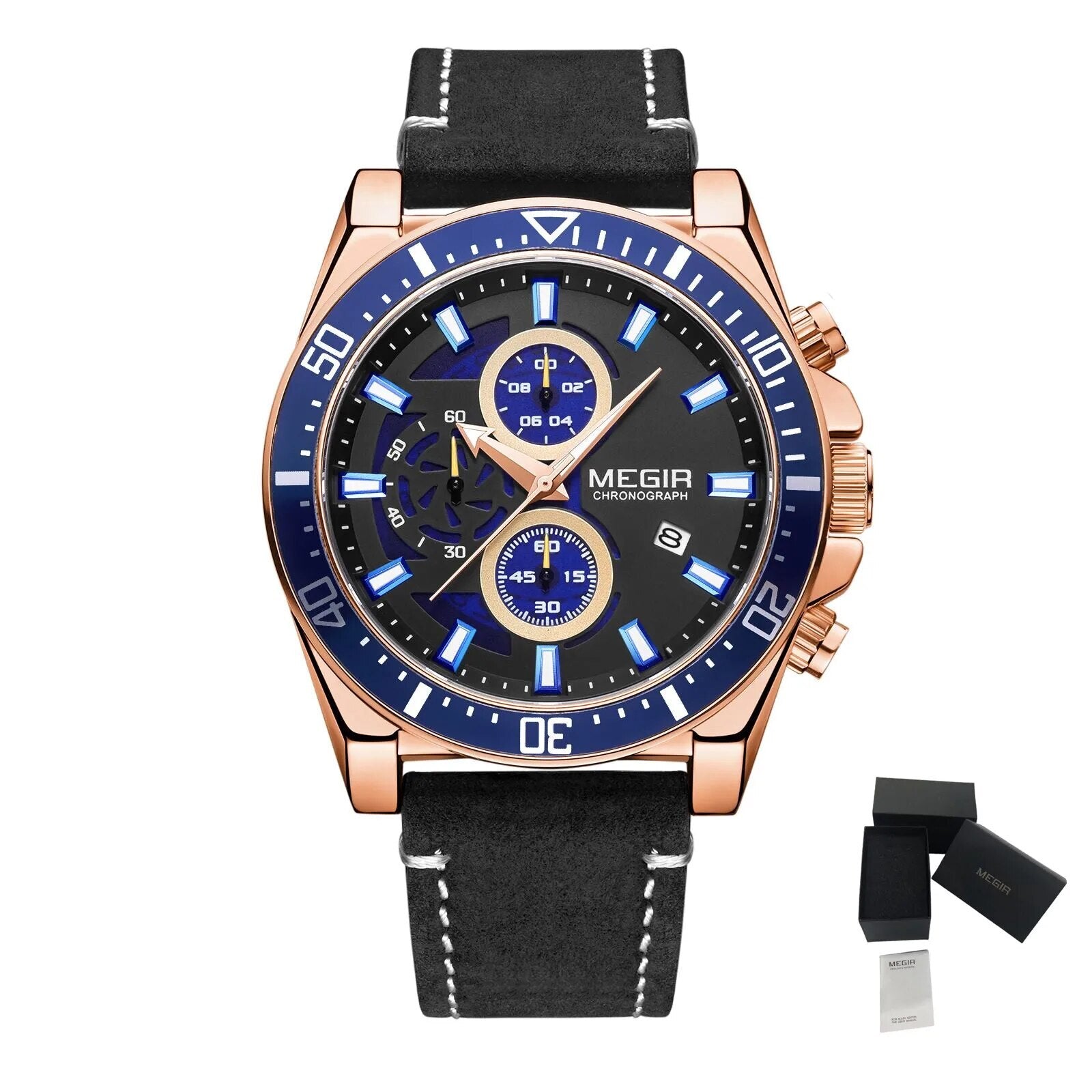 MEGIR Fashion Watches for Men Leather Strap Sport Military Wristwatch Man Quartz Watch Waterproof Chronograph with Calendar 2132-16