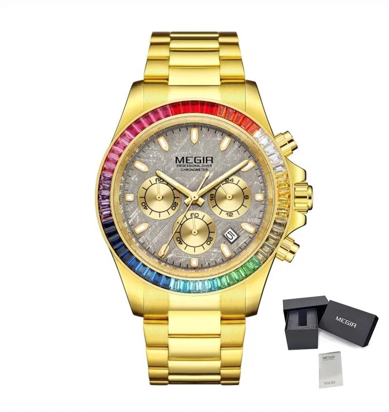 MEGIR Mens Watches Top Brand Luxury Business Wristwatches Stainless Steel Waterproof Date Quartz Chronograph Reloj Hombre 8410-15