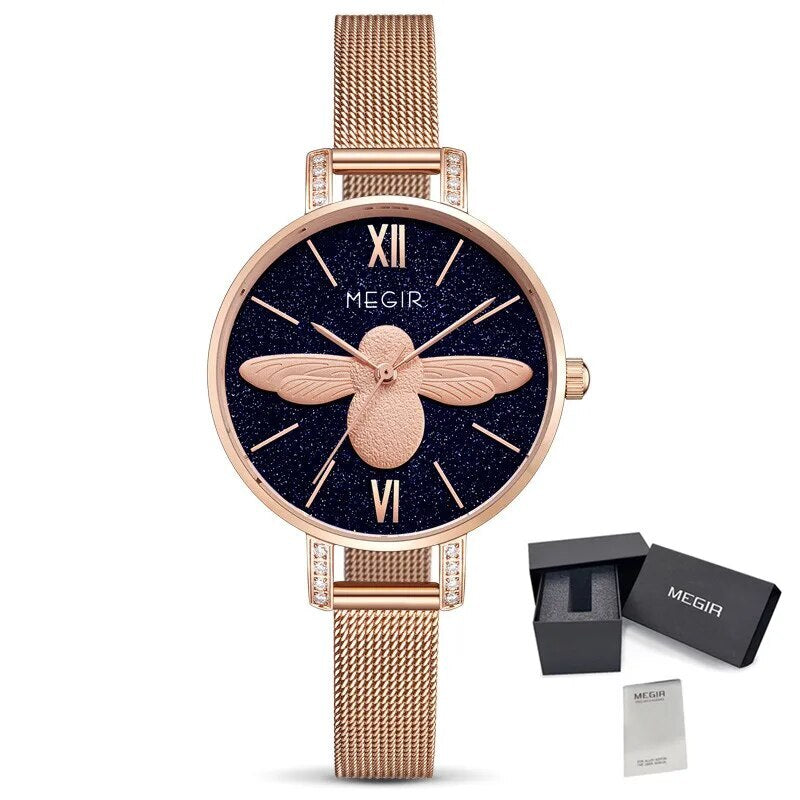 MEGIR Fashion Women Watches Top Brand Luxury Quartz Wristwatch Ladies Rose Gold Mesh Belt Business Casual Watch Reloj Mujer 7009-11