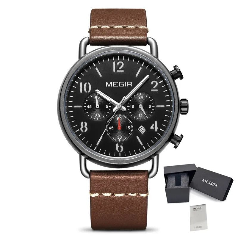 MEGIR Fashion Mens Watches Luxury Sport Quartz Wrist Watch Steel Mesh Business Casual Watches Calendar Leather Band Man Clock-17