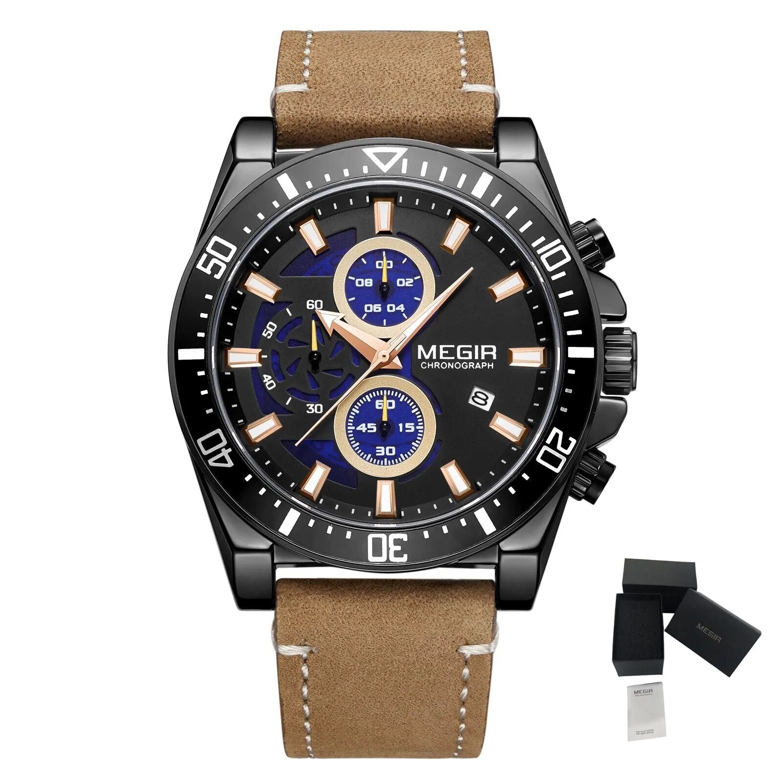 MEGIR Fashion Watches for Men Leather Strap Sport Military Wristwatch Man Quartz Watch Waterproof Chronograph with Calendar 2132-17