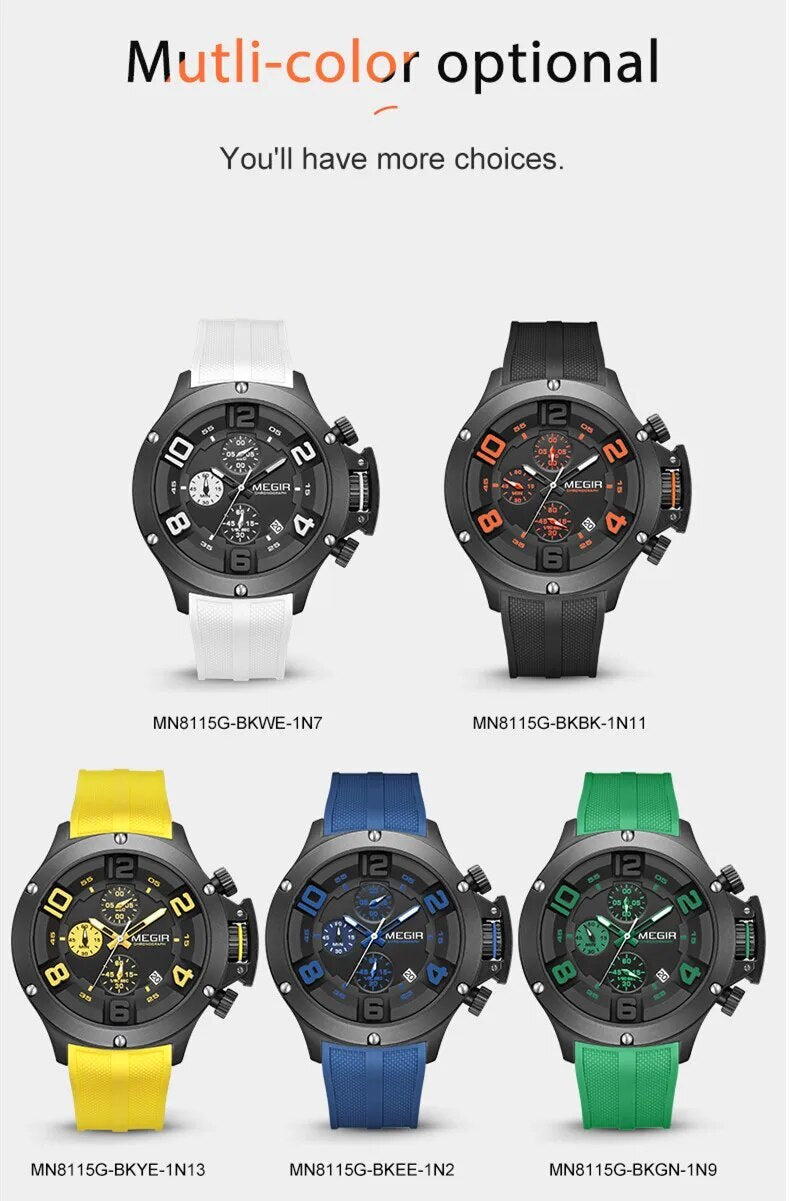 MEGIR Relogio Masculino Luxury Quartz Watch for Men Yellow Silicone Strap Military Sport WristWatch Chronograph with Auto Date-8