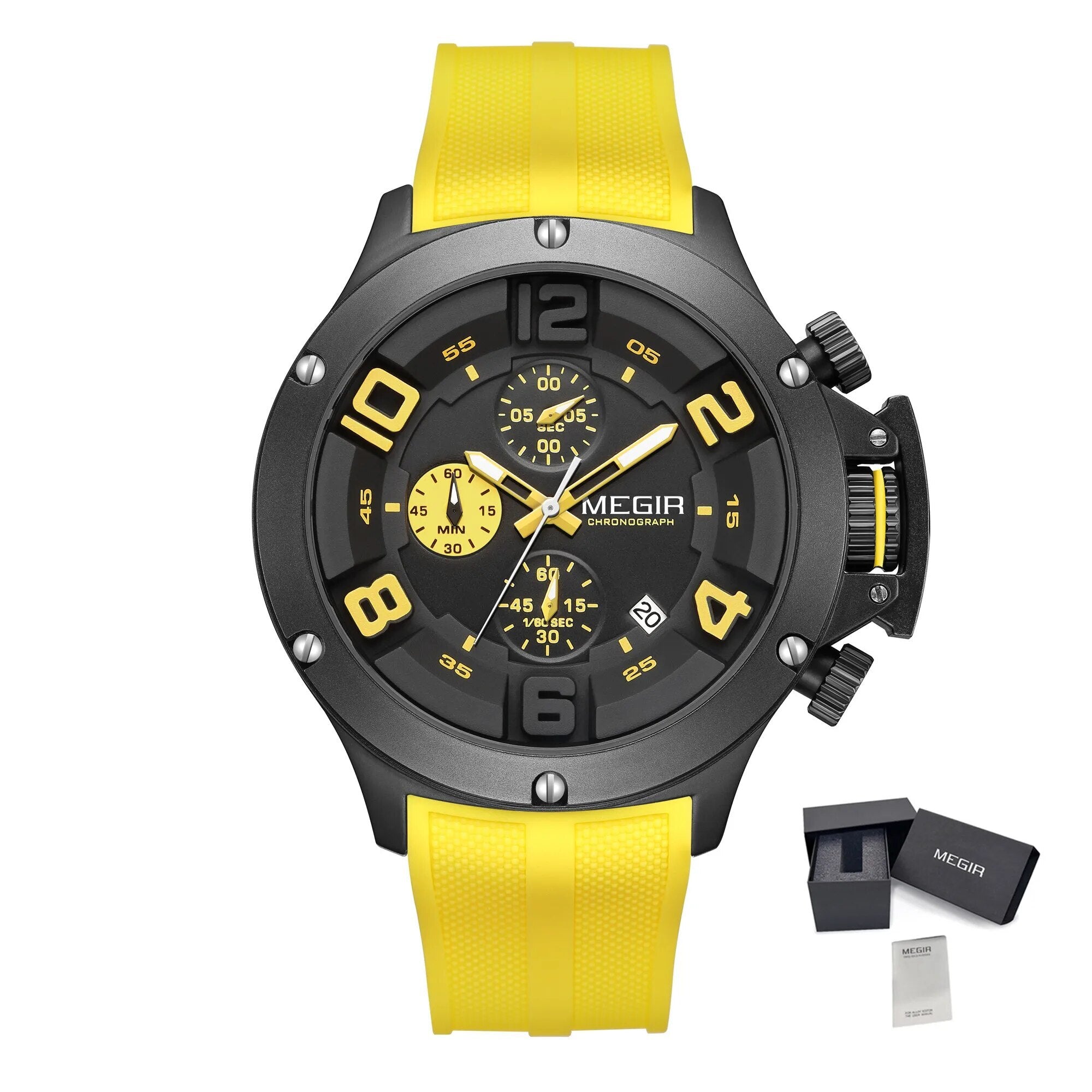 MEGIR Relogio Masculino Luxury Quartz Watch for Men Yellow Silicone Strap Military Sport WristWatch Chronograph with Auto Date-22