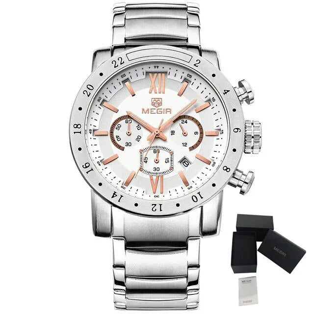 MEGIR Luxury Men's Business Watches Chronograph Waterproof Stainless Steel Quartz Watch Calendar Male Clock Reloj Hombre 3008-18