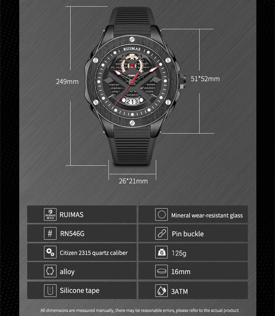 RUIMAS Brand Fashion Sport Watches for Men Quartz Silicone Band Wrist Watch Date Waterproof Wristwatches Clock Relogio Masculino-4