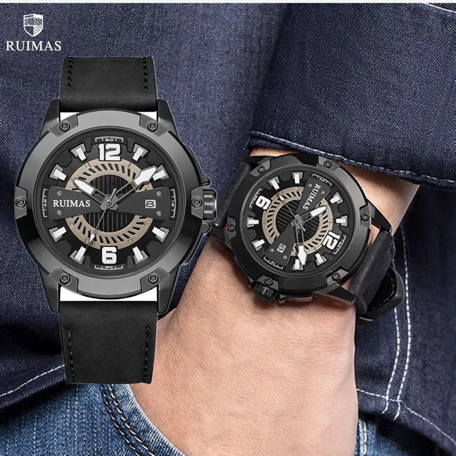 RUIMAS Luxury Men Watches Leather Strap Sport Casual Wristwatches Waterproof Luminous Date Clock Big Dial Montre Homme-0