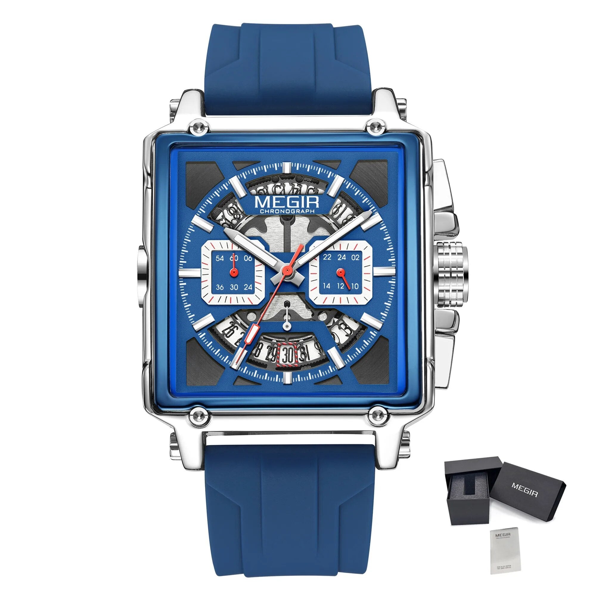 MEGIR Top Brand Men Watches Fashion Sport Military Chronograph Luminous Square Silicone Band Quartz Wristwatch Relogio Masculino-14
