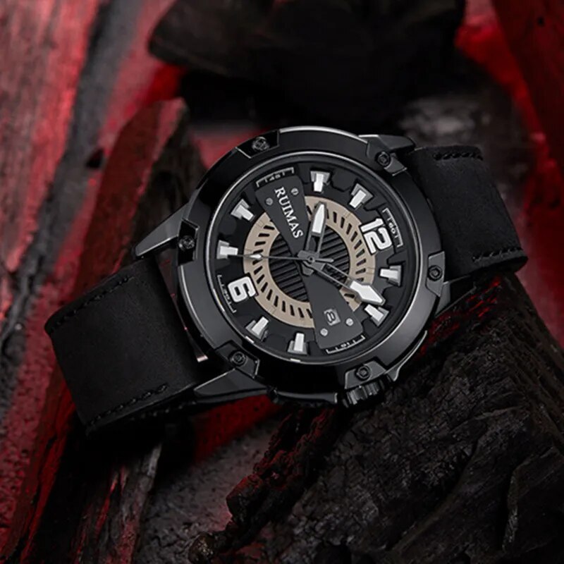 RUIMAS Luxury Men Watches Leather Strap Sport Casual Wristwatches Waterproof Luminous Date Clock Big Dial Montre Homme-4