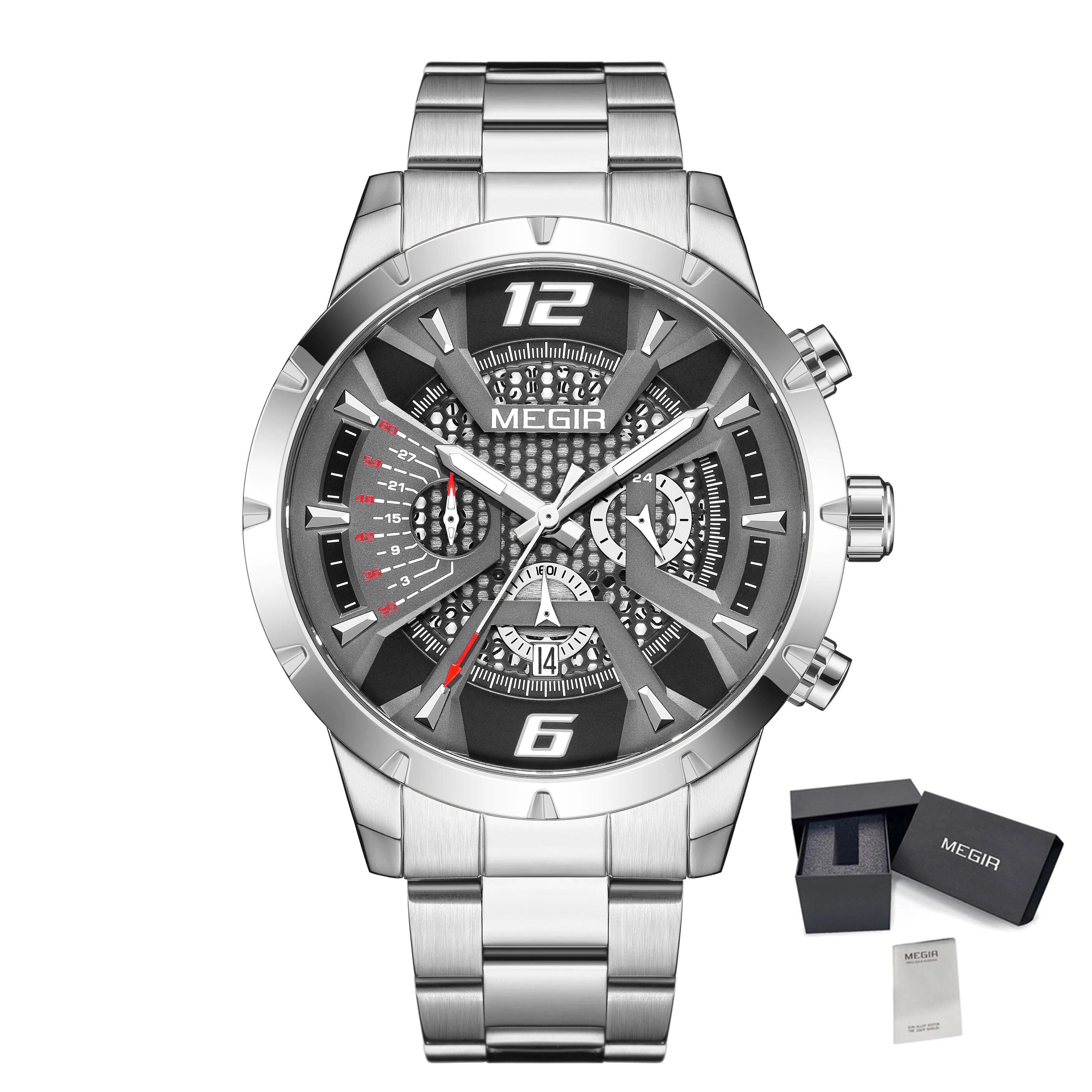 MEGIR Stainless Steel Watch for Men Luxury Business Watch Casual Quartz Date Clock Chronograph Big Dial Wristwatch Reloj Hombre-18