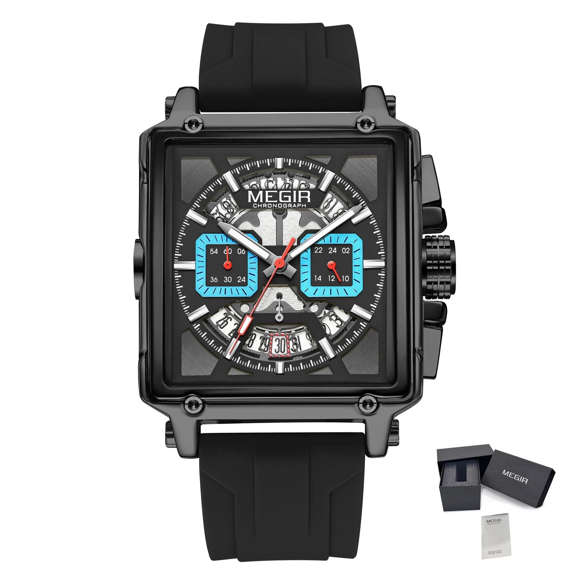 MEGIR Top Brand Men Watches Fashion Sport Military Chronograph Luminous Square Silicone Band Quartz Wristwatch Relogio Masculino-16