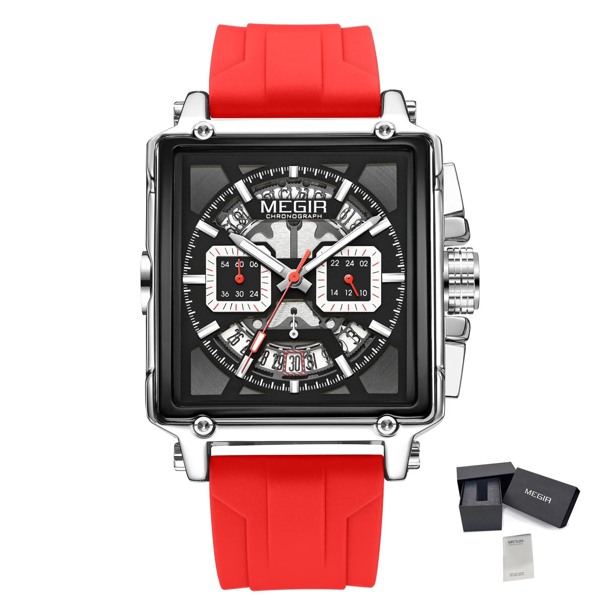 MEGIR Top Brand Men Watches Fashion Sport Military Chronograph Luminous Square Silicone Band Quartz Wristwatch Relogio Masculino-13