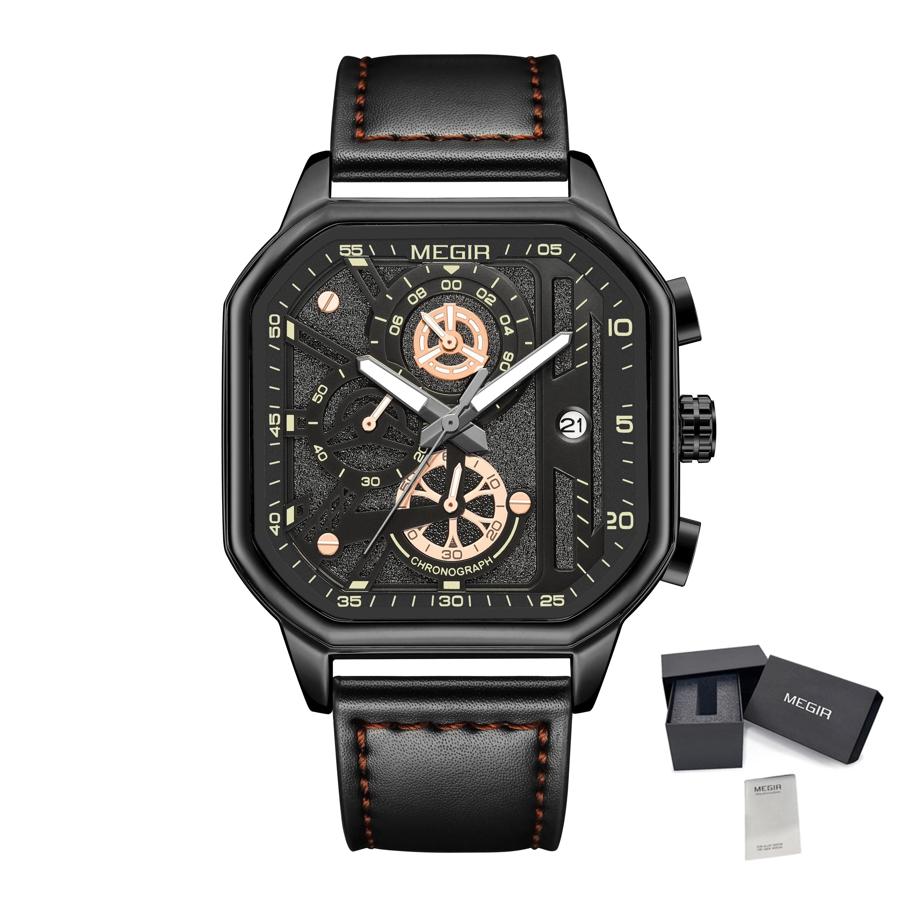 MEGIR Fashion Men's Squre Sport Watch Quartz Chronograph Luminous Military WristWatches Leather Luminous Date Clock Reloj Hombre-20