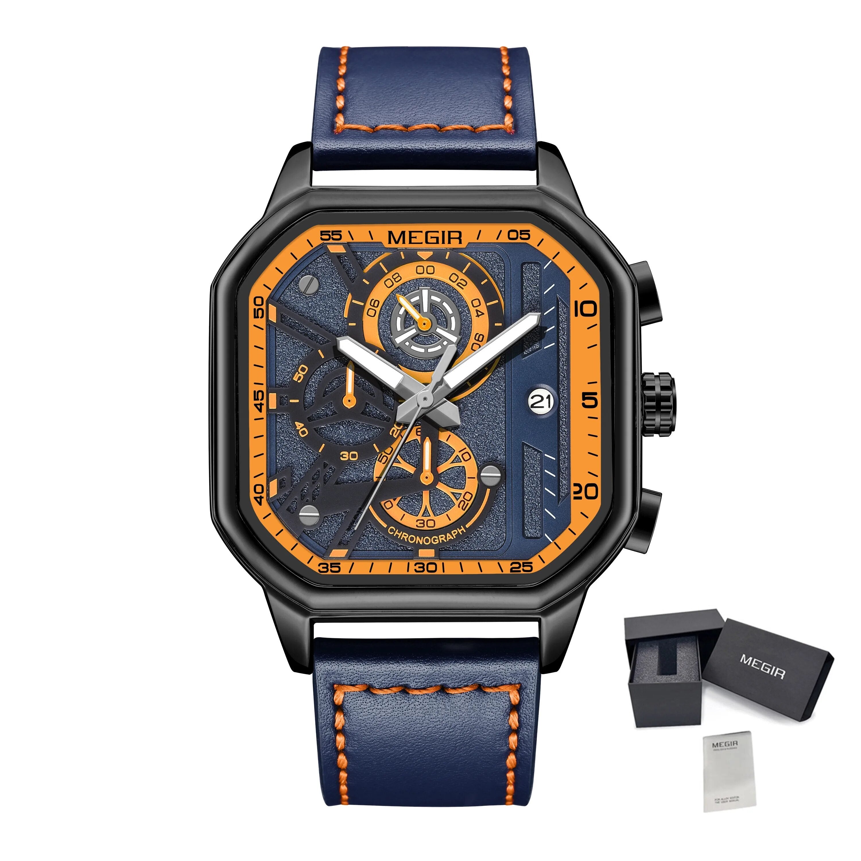 MEGIR Fashion Men's Squre Sport Watch Quartz Chronograph Luminous Military WristWatches Leather Luminous Date Clock Reloj Hombre-19