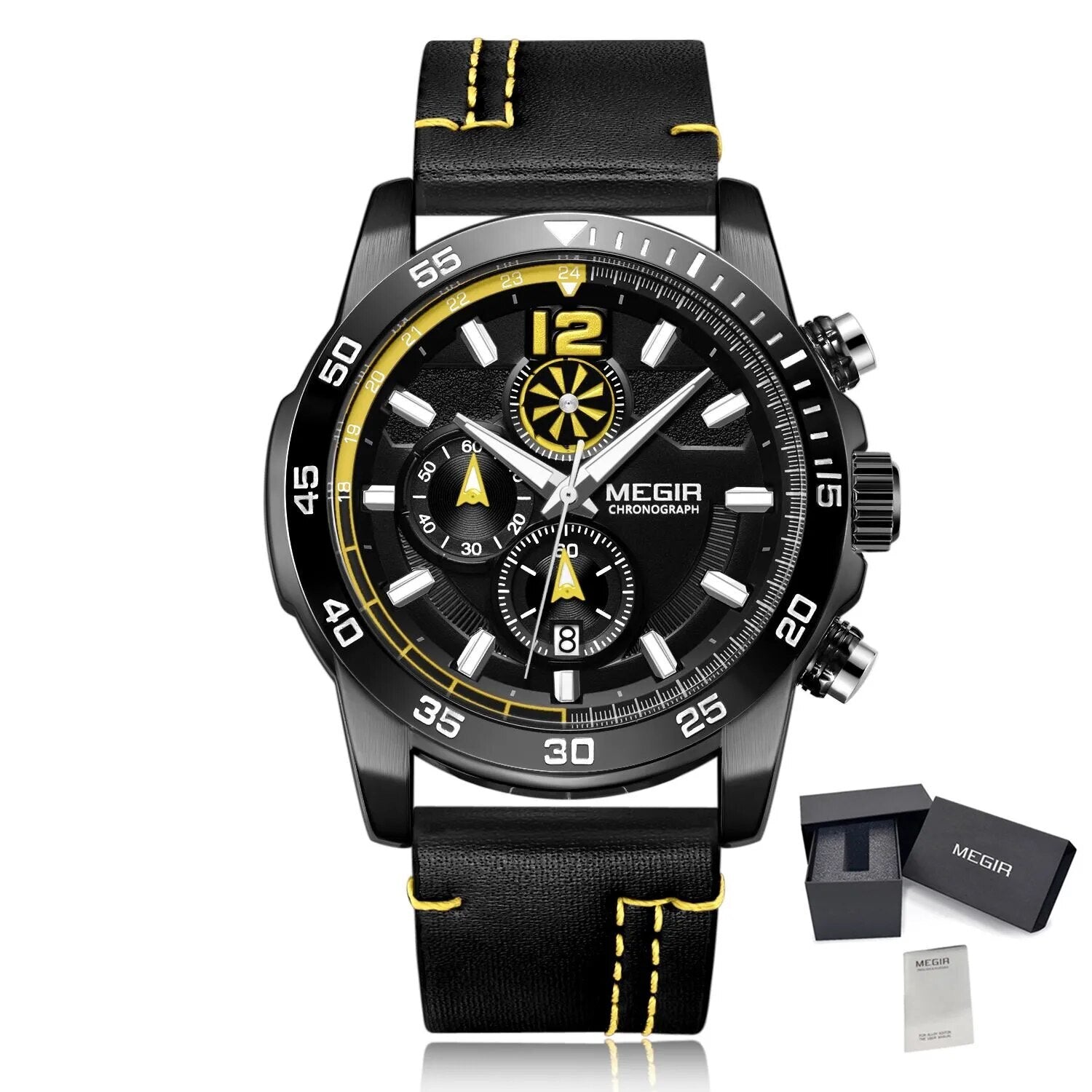 MEGIR Black Luxury Men's Wrist Watch Man Leather Strap Waterproof Chronograph Sports Men Watches Clock Hour Quartz Wristwatches-12
