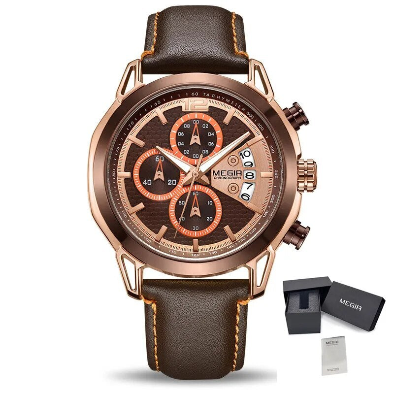 MEGIR Fashion Mens Military Sports Watches Luxury Leather Quartz Business Watch Chronograph Waterproof Luminous Date Wristwatch-13
