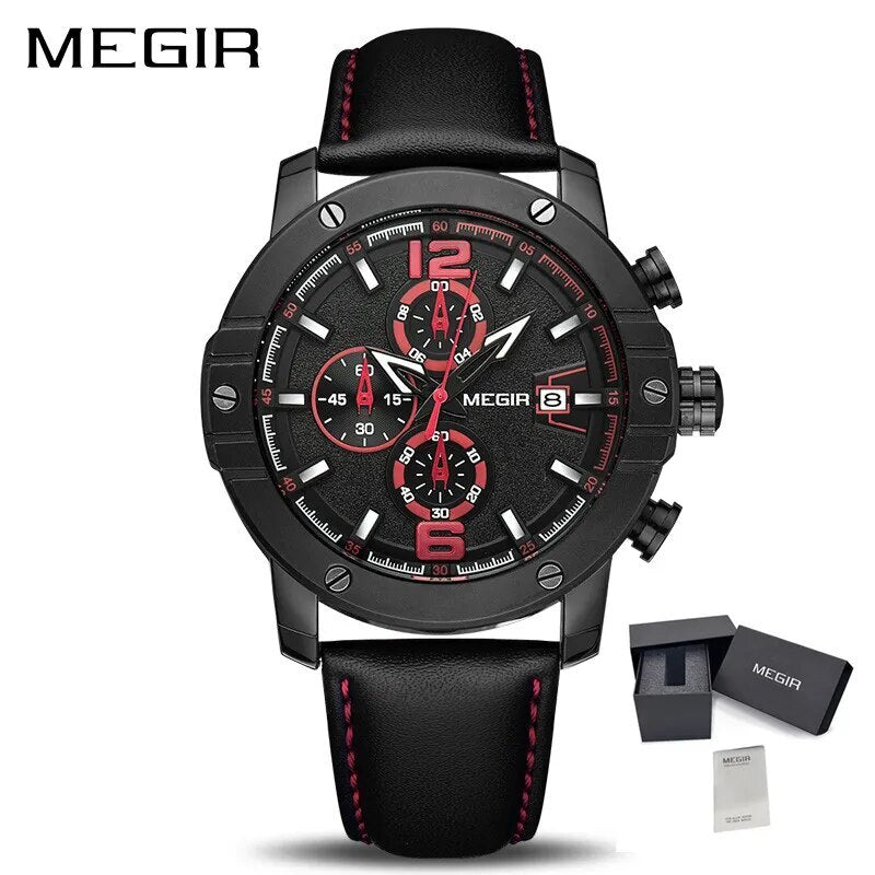 MEGIR Fashion Men's Quartz Watch Top Brand Luxury Business Casual Wristwatch Leather Strap Military Sports Watch Male Clock 2046-12