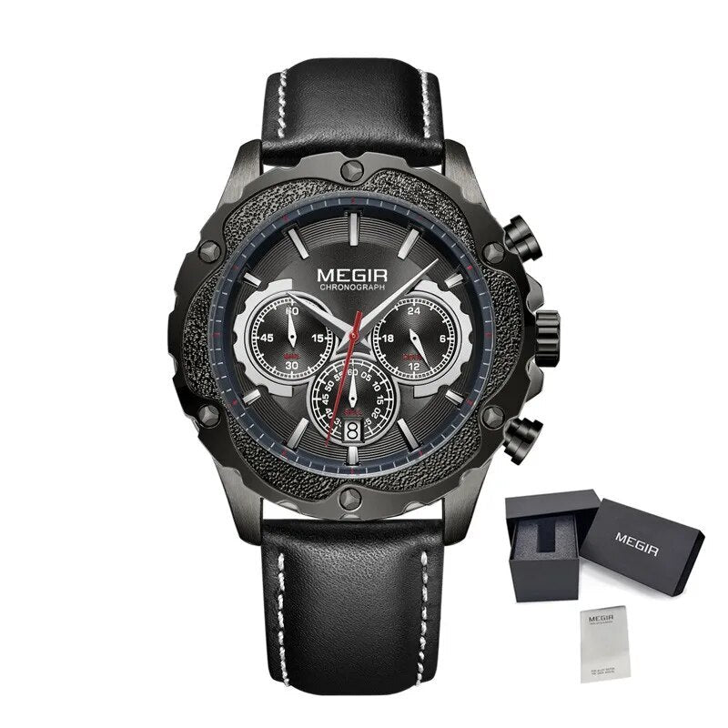 MEGIR Luxury Sports Watches for Men Waterproof Quartz Wrist Watch Chronograph Fashion Leather Military Clock Reloj Hombre 2070-12