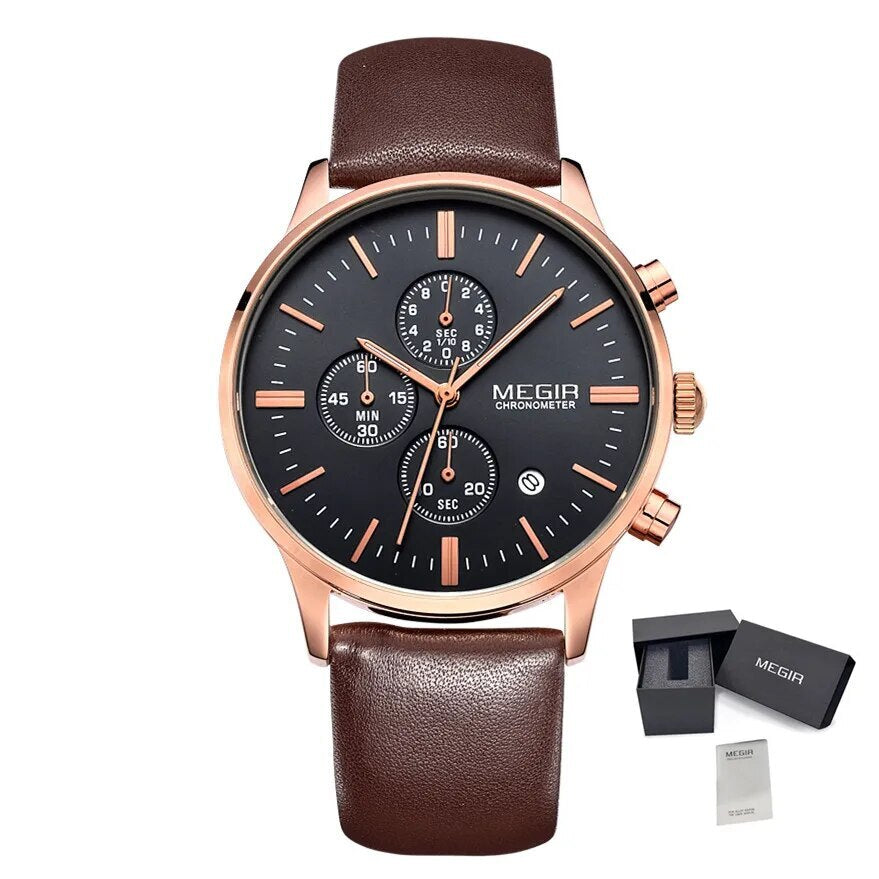 MEGIR Sport Watch for Men Luxury Waterproof Quartz Clock Leather Wristwatch Luminous Military Watches Calendar reloj hombre 2011-14