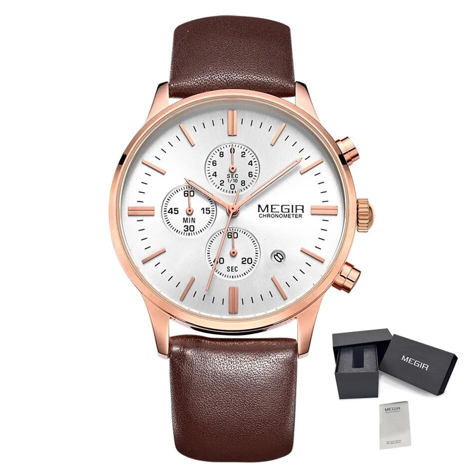 MEGIR Sport Watch for Men Luxury Waterproof Quartz Clock Leather Wristwatch Luminous Military Watches Calendar reloj hombre 2011-16