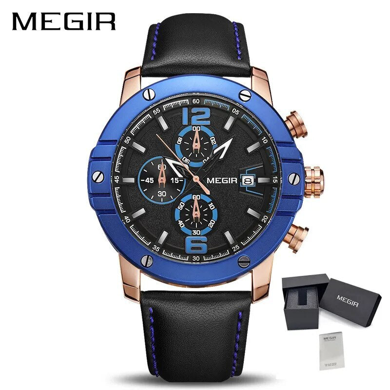 MEGIR Fashion Men's Quartz Watch Top Brand Luxury Business Casual Wristwatch Leather Strap Military Sports Watch Male Clock 2046-11