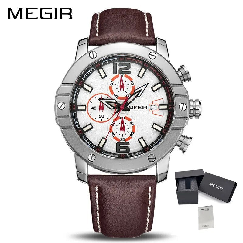MEGIR Fashion Men's Quartz Watch Top Brand Luxury Business Casual Wristwatch Leather Strap Military Sports Watch Male Clock 2046-10