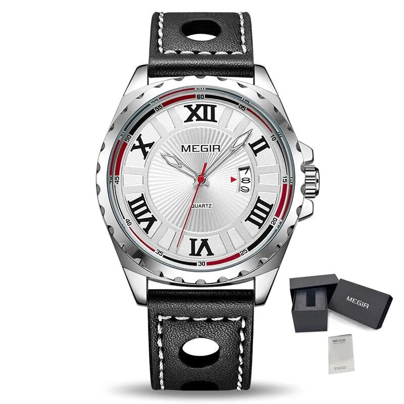 MEGIR Sport Men Watch Top Brand Leather Quartz Watches Man Clock Time Fashion Military Wristwatches Calendar Reloj Hombre 1019-10