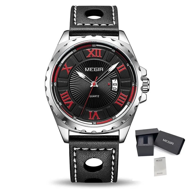 MEGIR Sport Men Watch Top Brand Leather Quartz Watches Man Clock Time Fashion Military Wristwatches Calendar Reloj Hombre 1019-11
